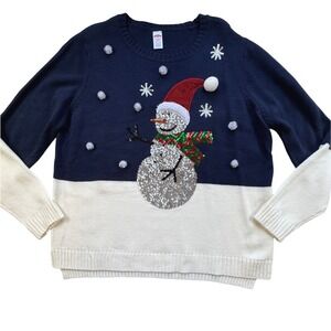 Holiday Time Snowman Sequin Ugly Christmas Sweater Womens 2X 20 Navy‎ White Poms